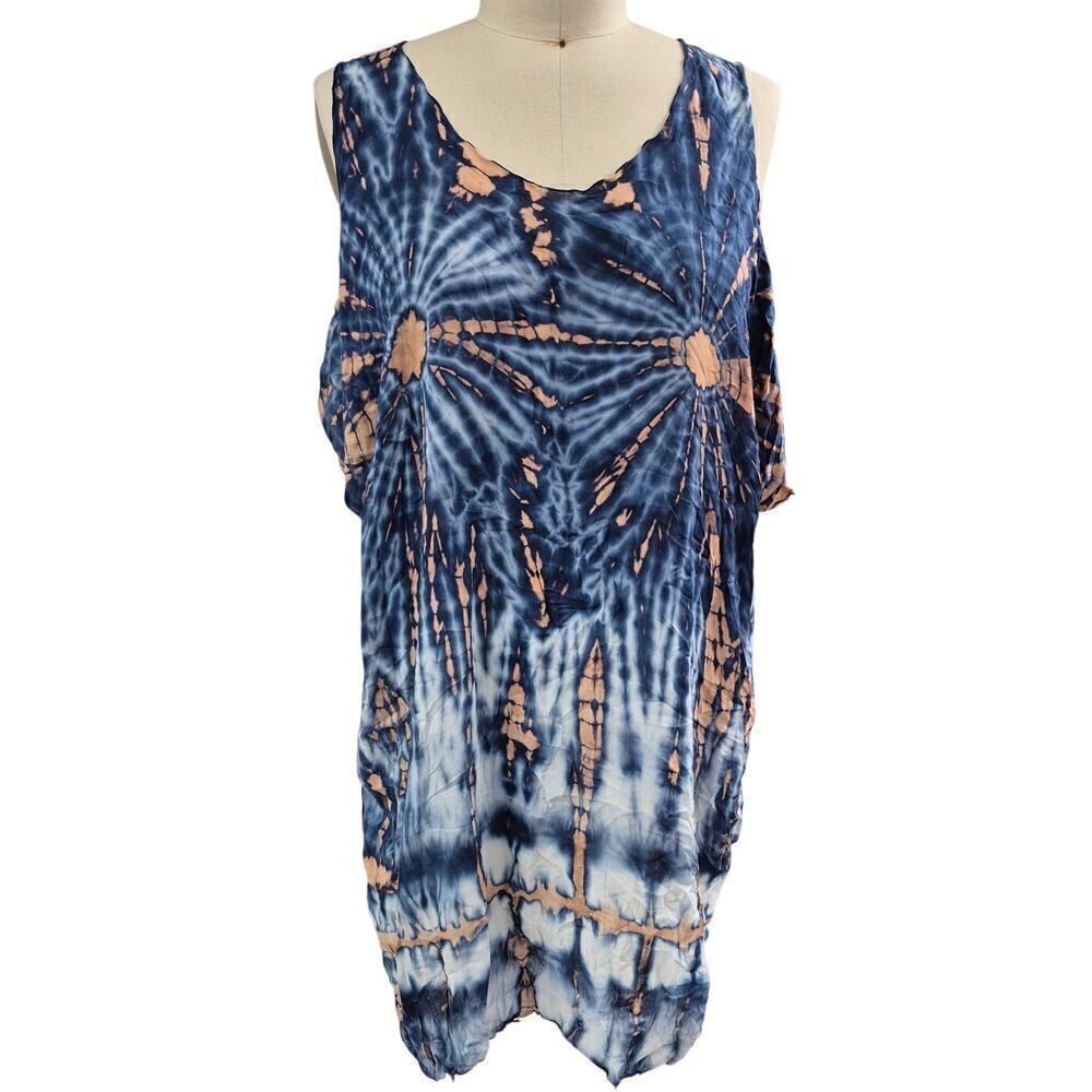 Beach/Swim Cover-Up Cold Shoulder O/S Blue/peach  100% Rayon